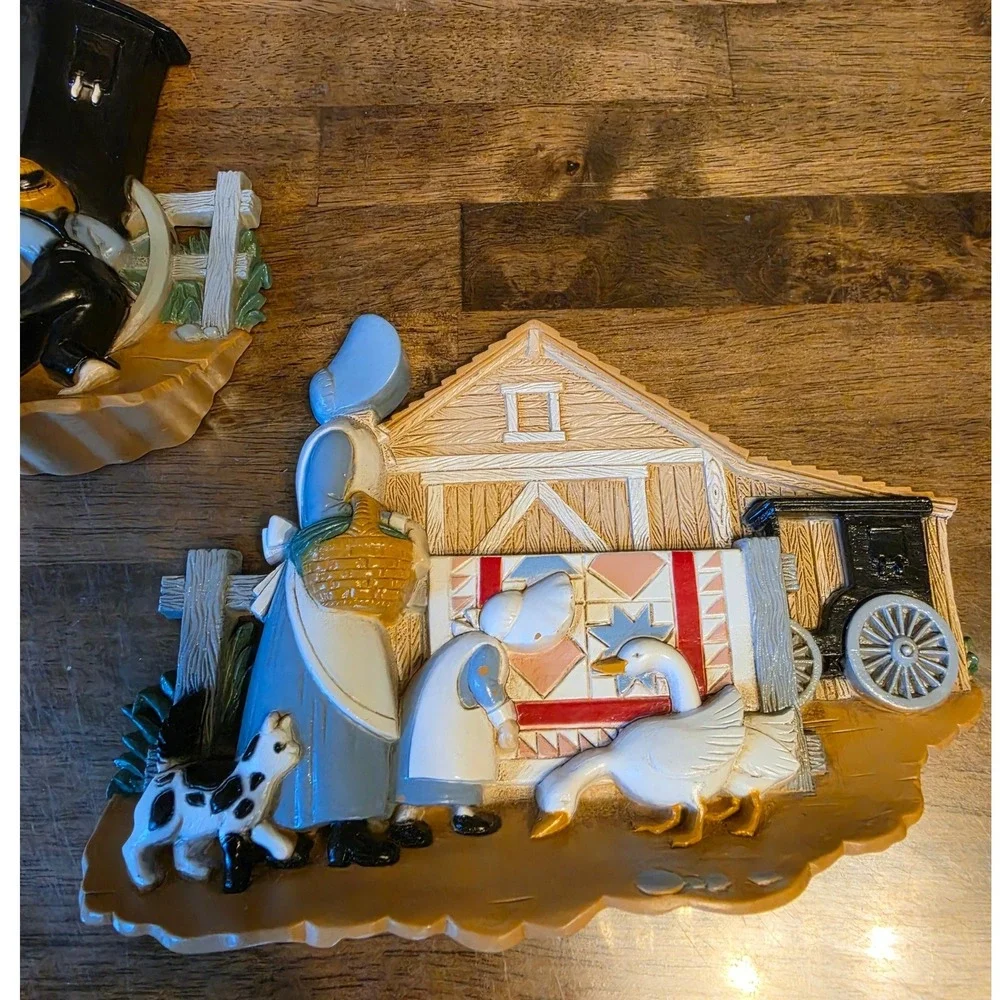 Vintage Burwood Products Amish Country Wall Hanging Set 2pc Barn Carriage USA